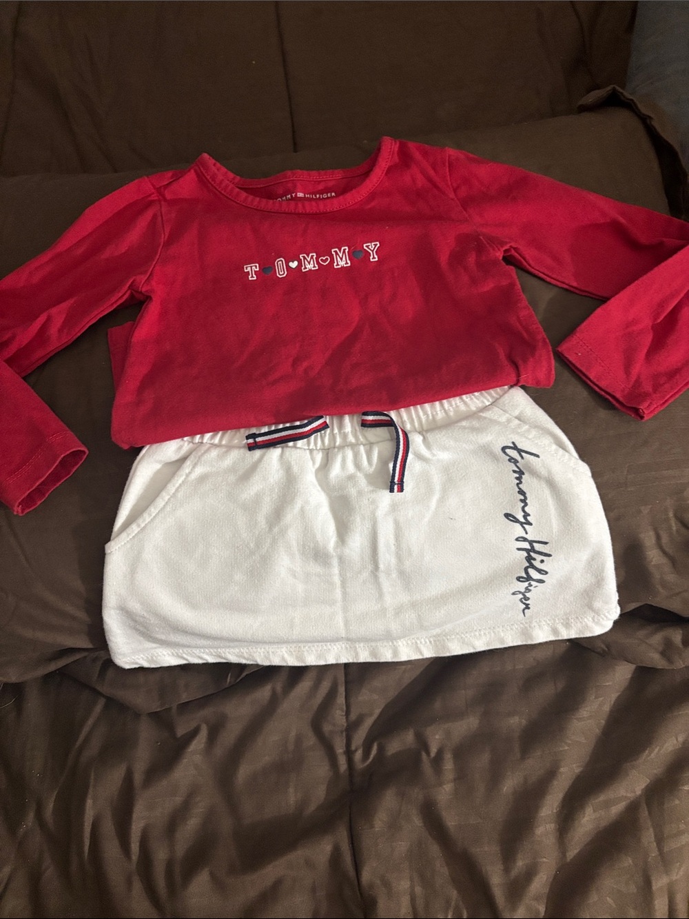 Tommy Hilfiger Red Long Sleeve Top with White Logo Skirt Set